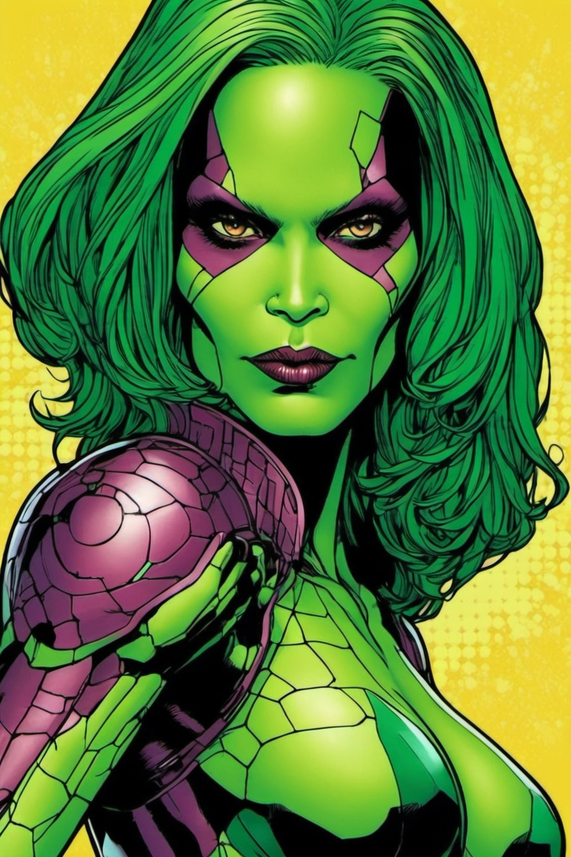 pop art, style, high_resolution, high detail, shiny, close-up of (((naked Gamora)))