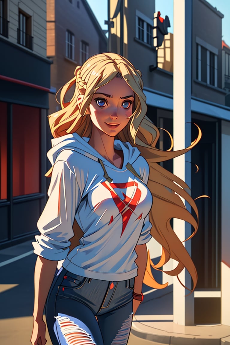 Full shot of a beautiful French woman with a shy smile, on a Parisian street on fire, white hooded t-shirt and a graphic red skull as a design that occupies almost the entire t-shirt, ripped jeans, leggings, catwalk, looking at the camera, perfectly facial features Symmetrical, realistic in every detail. messy blonde hair. hyper realistic realistic texture, cinematic lighting, depth of field, photorealistic rendering, RAW photography.,Hera_bloodofzeus_aiwaifu,High detailed 