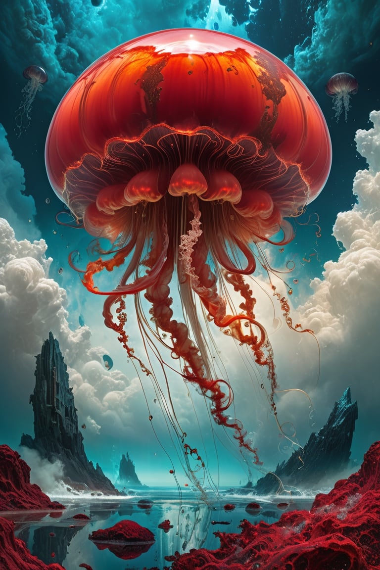 Cinematic, photorealistic red martian jellyfish, white eyes, vibrant colors, fantasy, warm tone, surreal, 8k resolution photorealistic masterpiece by Aaron Horkey and Jeremy Mann, professional photography, maximalist volumetric lighting photoillustration by marton bobzert, concept art with 8k resolution intricately detailed, complex elegant, expansive, fantastical, mythical clouds.