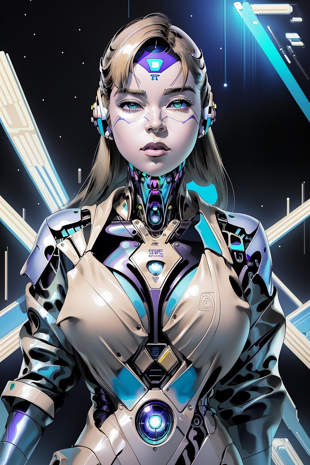 a woman with a CYBORG face, an illustration by Hajime Sorayama, trends in cg society, pop surrealism, futuristic, with many intricate biomorphic details, 80s pop art, colored pencil, colorful, high contrast, 2.5D, Solitaire,Mecha,Android_18_DB,futubot ,dkong