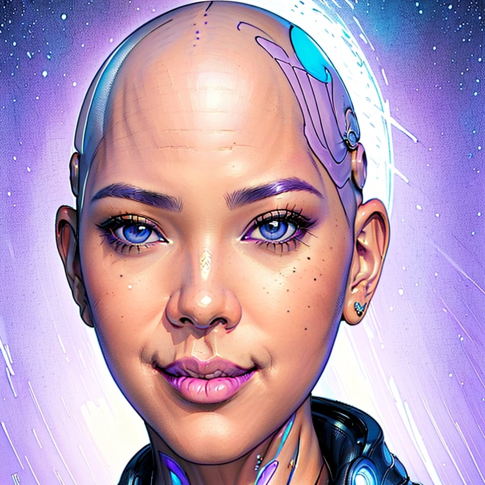 a woman's bald head and CYBORG face, whitish eyes with lilac pupils, mysterious smile, an illustration by Hajime Sorayama, trends in cg society, pop surrealism, futuristic, with many intricate biomorphic details, pop art from the 80s, colored pencil, colorful, high contrast, 2.5D, Solitaire