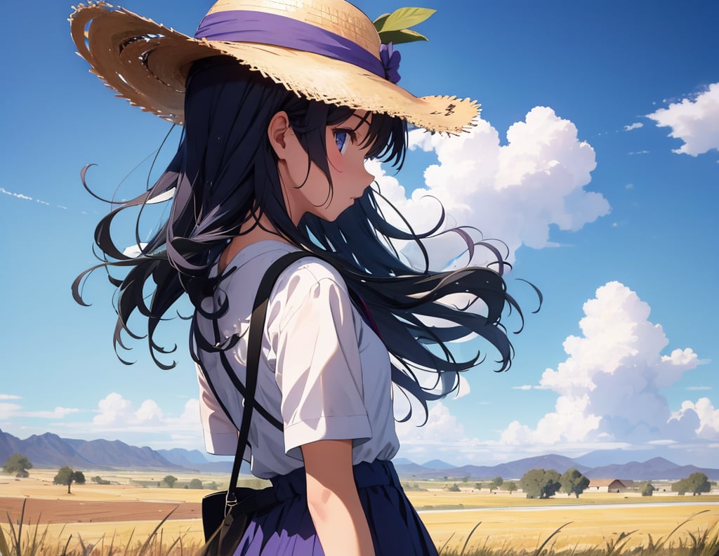 Masterpiece, Top Quality, High Definition, Artistic Composition, One girl, blue and purple clothes, straw hat, hat held down by hand, looking back, looking away, black hair, green wheat field in desert, wide sky, wind blowing, wide shot, high contrast