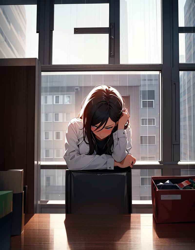 Masterpiece, top quality, high definition, artistic composition, 1 woman, May Day, Labor Day, office, raining outside window, looking away, staring out window, bold composition, tired, dramatic