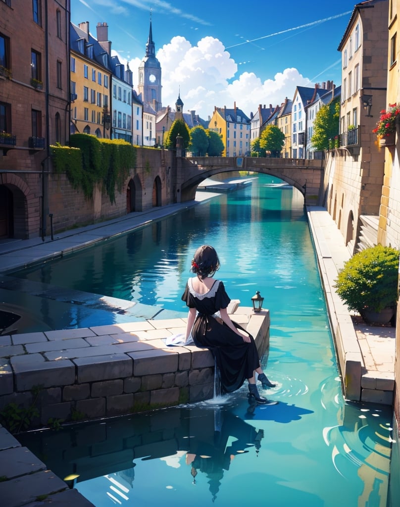 Masterpiece, top quality, high definition, artistic composition, animation, 1 girl, sitting behind fountain, back view, park, shining water, blue sky, European cityscape, cobblestones, market, perspective