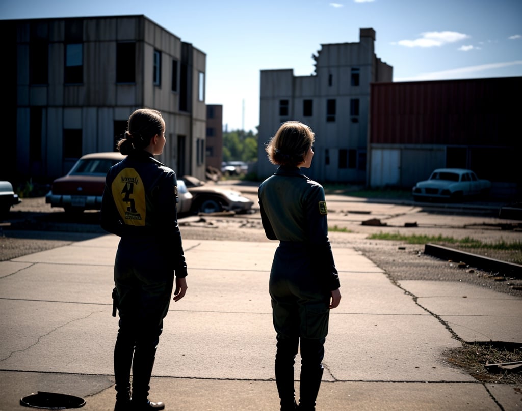 Masterpiece, top quality, artistic composition, realistic, 1 girl, fallout, VOLT suit, 1950s American residential neighborhood, ruins, post-nuclear war world, wide shot, bold composition, apocalypse, 1960s science fiction, dirty, filthy, decaying car, back view, vast ruins, retro feel, with Shepard dog,SD 1.5,<lora:659111690174031528:1.0>