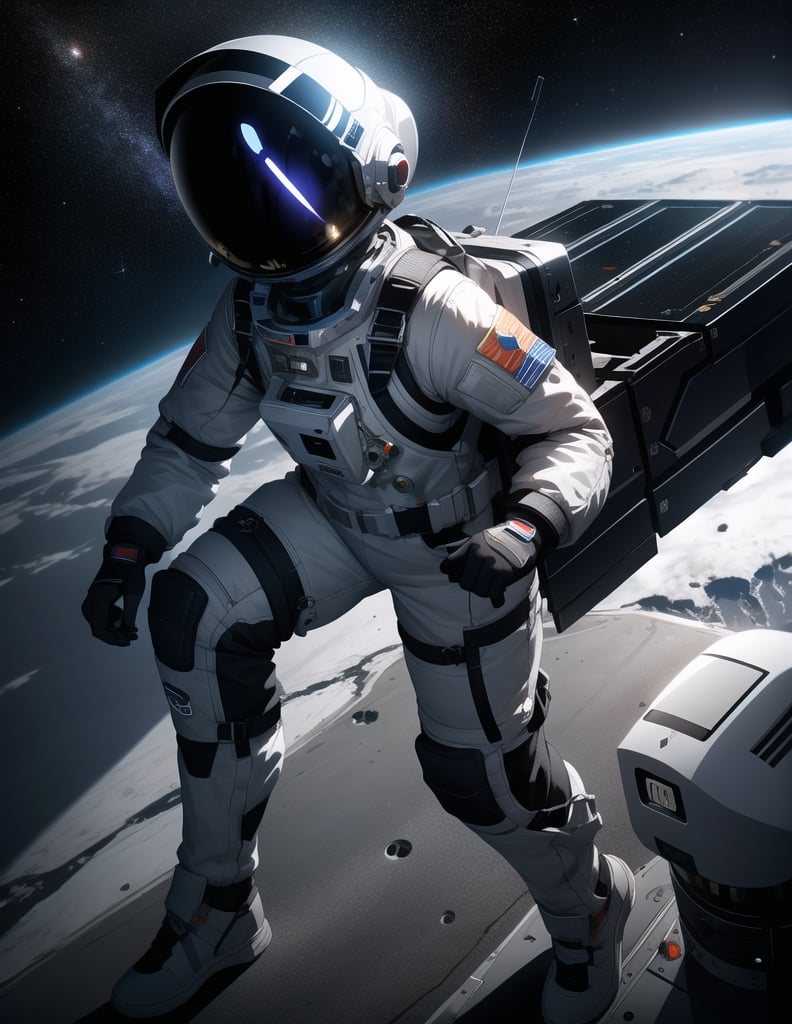 Masterpiece, Top Quality, High Definition, Artistic Composition,1 girl, spacesuit, spacewalk, (asteroid), spaceship hatch, dark space, Dutch angle, helmet, working outboard, high contrast, cold, vast,girl