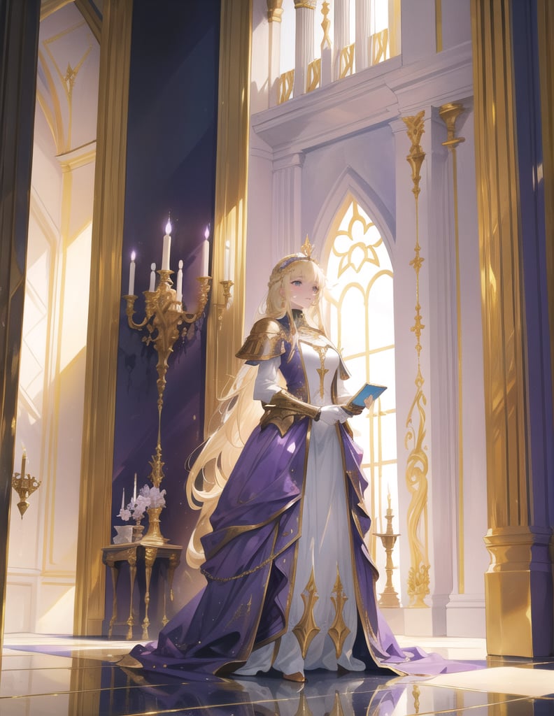 (masterpiece, top quality), high definition, artistic composition, 1 woman, blonde hair, standing, purple armor, golden ornaments, aristocrat, white marble construction, high ceiling, impressive light, aristocrat, imposing, fantasy, composition from front, squire kneeling, holding chalice