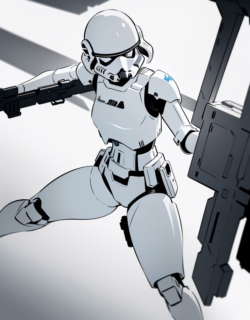 Masterpiece, top quality, high definition, artistic composition, 1 woman, Star Wars style, inside spaceship, futuristic passage, female soldier, gun in hand, action pose, bold composition, Dutch angle, dim, high contrast, perspective, dramatic, droid, stormtrooper style helmet,photograph