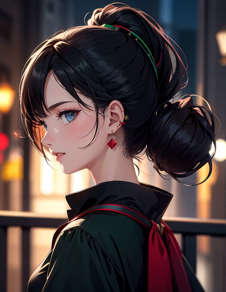 Masterpiece, Top quality, High definition, Artistic composition, 1 girl, close-up of face, from behind, long hair, dark hair, hair up, nape of neck, red earring, smiling, dark green dress, eye shadow, night town, looking away