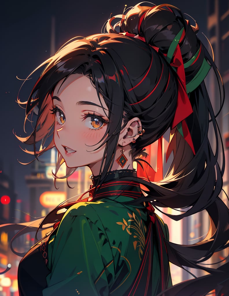 Masterpiece, Top quality, High definition, Artistic composition, 1 girl, close-up of face, from behind, long hair, dark hair, hair up, nape of neck, red earring, smiling, dark green dress, eye shadow, night town, looking away