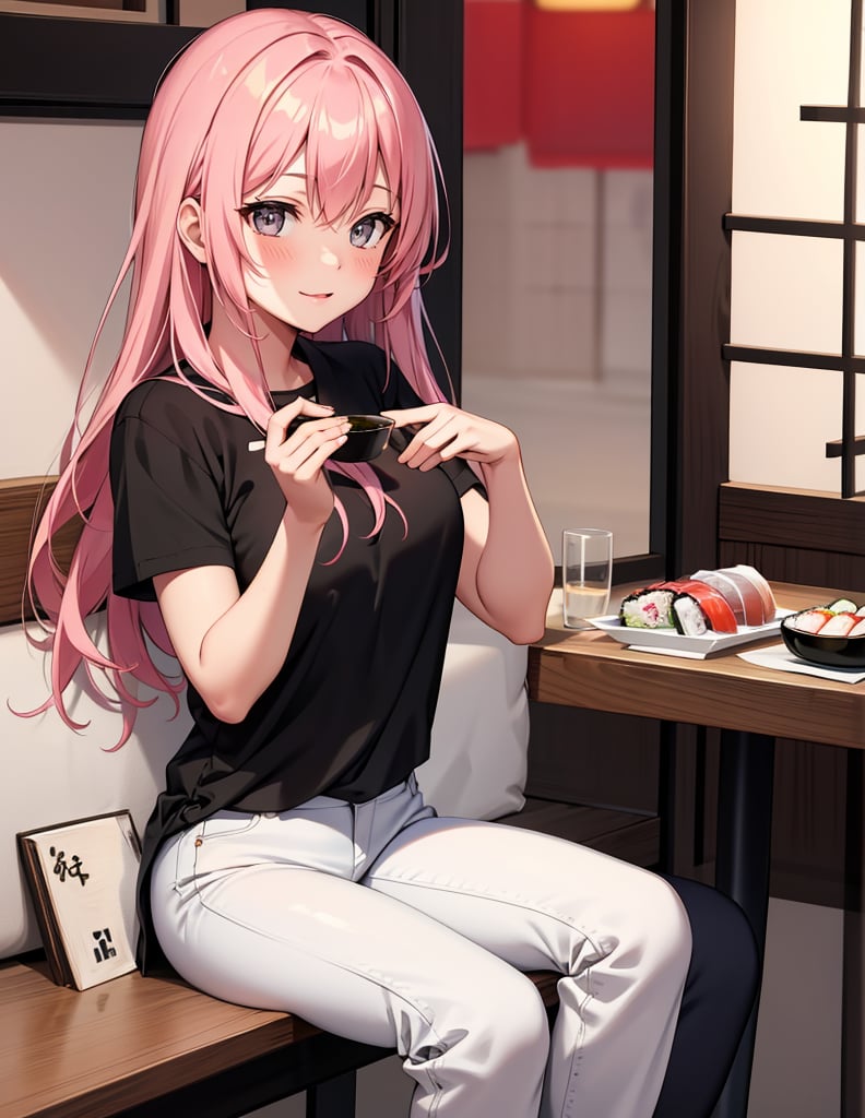 Masterpiece, Top quality, High definition, Artistic composition, One girl, eating sushi, smiling, blushing cheeks, girlish gesture, monotone printed shirt, black pants, sitting, American sushi restaurant, casual