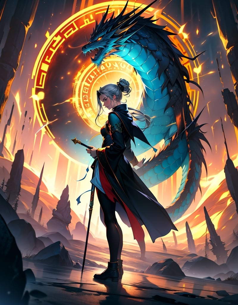 Masterpiece, top quality, high definition, artistic composition, 1 woman, wizard, standing, magic wand in hand, magic circle, huge fire dragon behind, summoning, fire sparks, backlit, fantasy, dramatic,