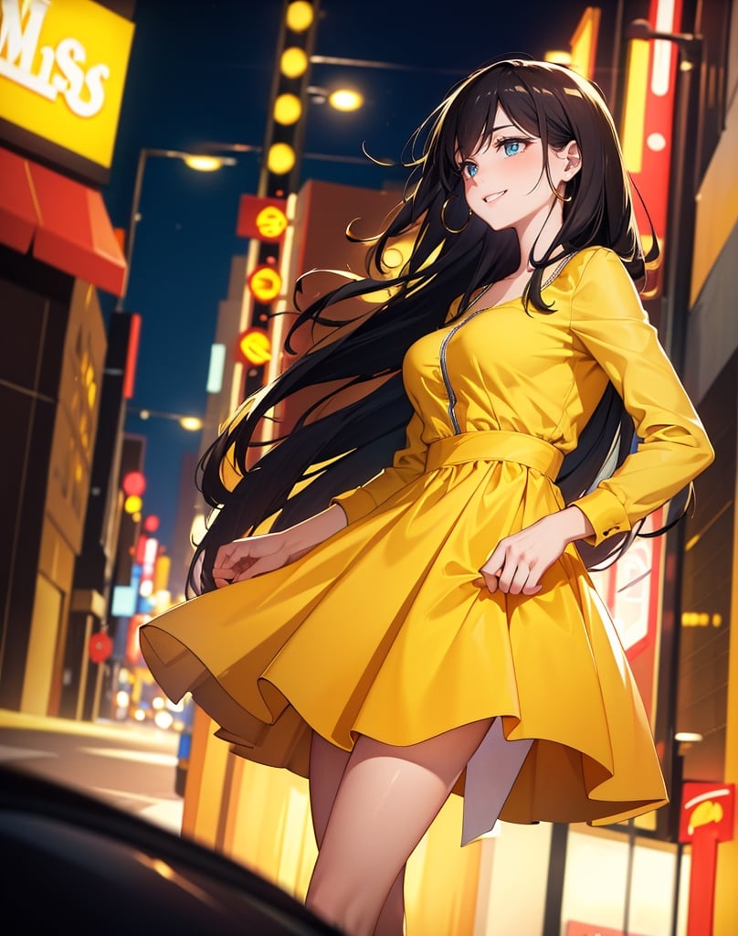 Masterpiece, top quality, high definition, artistic composition, cartoon, 1 woman, bad wife, yellow clothes, nightlife, downtown, blurred background, smiling, looking up, looking away, dramatic, mature, affair