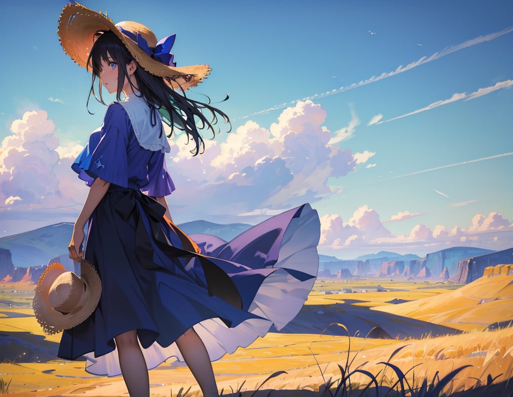 Masterpiece, Top Quality, High Definition, Artistic Composition, One girl, blue and purple clothes, straw hat, hat held down by hand, looking back, looking away, black hair, desert greening, wilderness, green wheat, wide sky, wind blowing, wide shot, high contrast