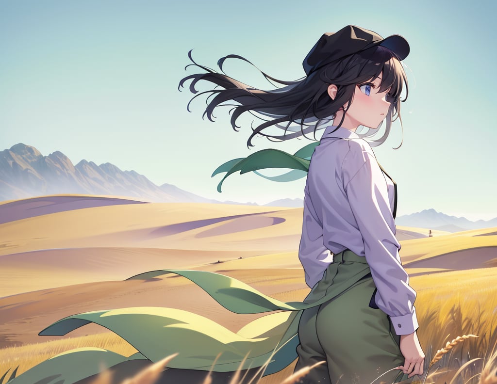 Masterpiece, Top quality, High definition, Artistic composition, One girl, Pale purple shirt, Viridian pants, Beige cap, Looking back, Looking away, Black hair, Desert greening, Wilderness, Green wheat field, Wide sky, Wind blowing, Wide shot, High contrast