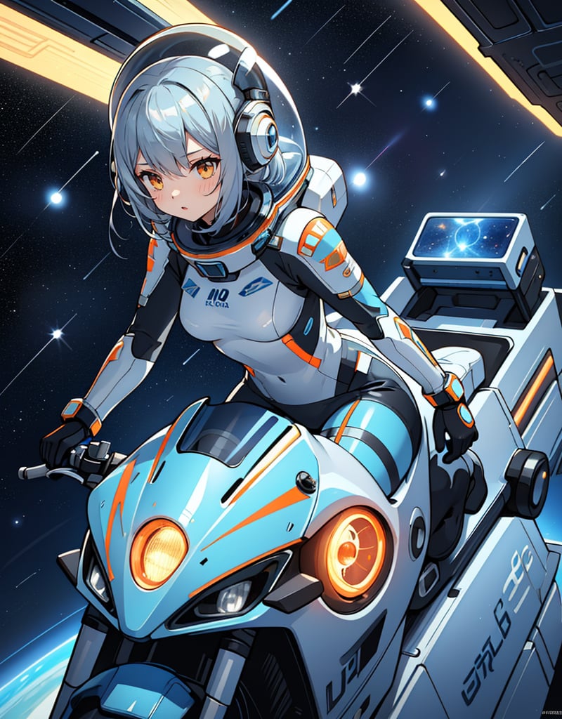 Masterpiece, Top quality, High definition, Artistic composition, One girl, Silver and Nile blue spacesuit, Stylish, Riding a motorcycle without tires, Floating in space, Space station, Science fiction, Orange lights, Futuristic, Bold composition, Impressive light, Android style Armor of the