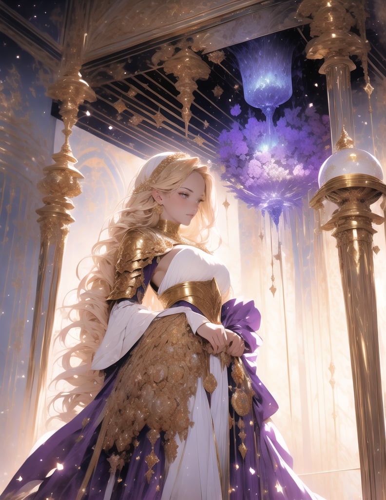 (masterpiece, top quality), high definition, artistic composition, 1 woman, blonde hair, standing, purple armor, golden ornaments, aristocrat, white marble construction, high ceiling, impressive light, aristocrat, imposing, fantasy, composition from the front, holding up the Holy Grail