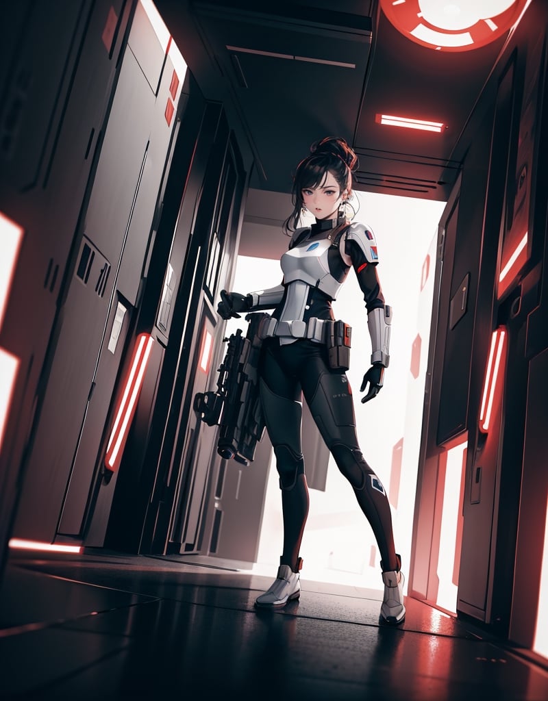 Masterpiece, top quality, high definition, artistic composition, 1 woman, Star Wars style, inside spaceship, futuristic passage, female soldier, gun in hand, action pose, bold composition, Dutch angle, dim, high contrast