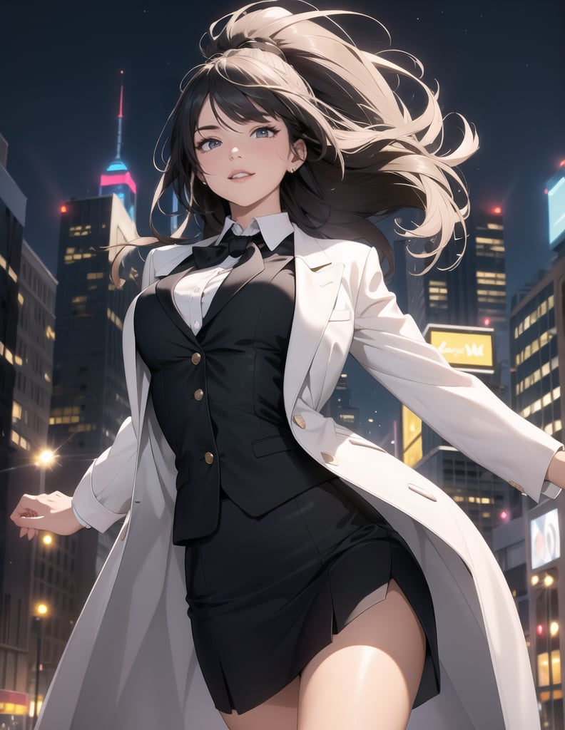 (Masterpiece, Top Quality), High Definition, Artistic Composition, 1 Woman, squinting, smiling, frolicking, feminine action pose, black business suit, tight skirt, white shirt, black tie, wearing hair, looking away, night town, downtown, striking light, dramatic, night Date, Beige coat, Stylish, Wide shot