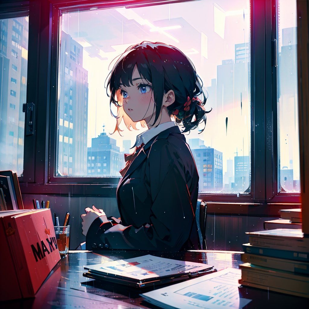 Masterpiece, top quality, high definition, artistic composition, 1 woman, May Day, Labor Day, office, raining outside window, looking away, staring out window, bold composition, tired, dramatic, office worker