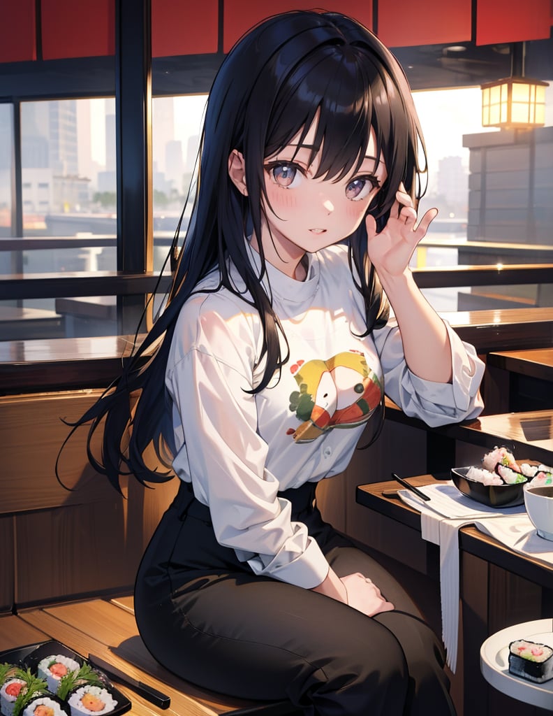 Masterpiece, Top quality, High definition, Artistic composition, One girl, eating sushi, smiling, blushing cheeks, girlish gesture, monotone printed shirt, black pants, sitting, French sushi restaurant, casual
