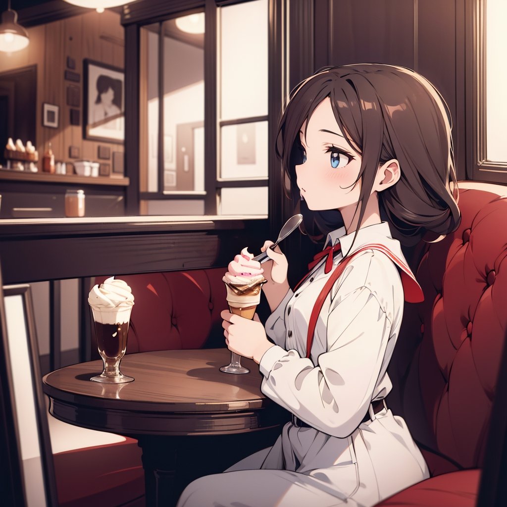 Masterpiece, top quality, high definition, artistic composition, one girl, eating ice cream with a spoon, looking away, retro coffee shop, dark interior, bold composition, portrait, close-up of ice cream