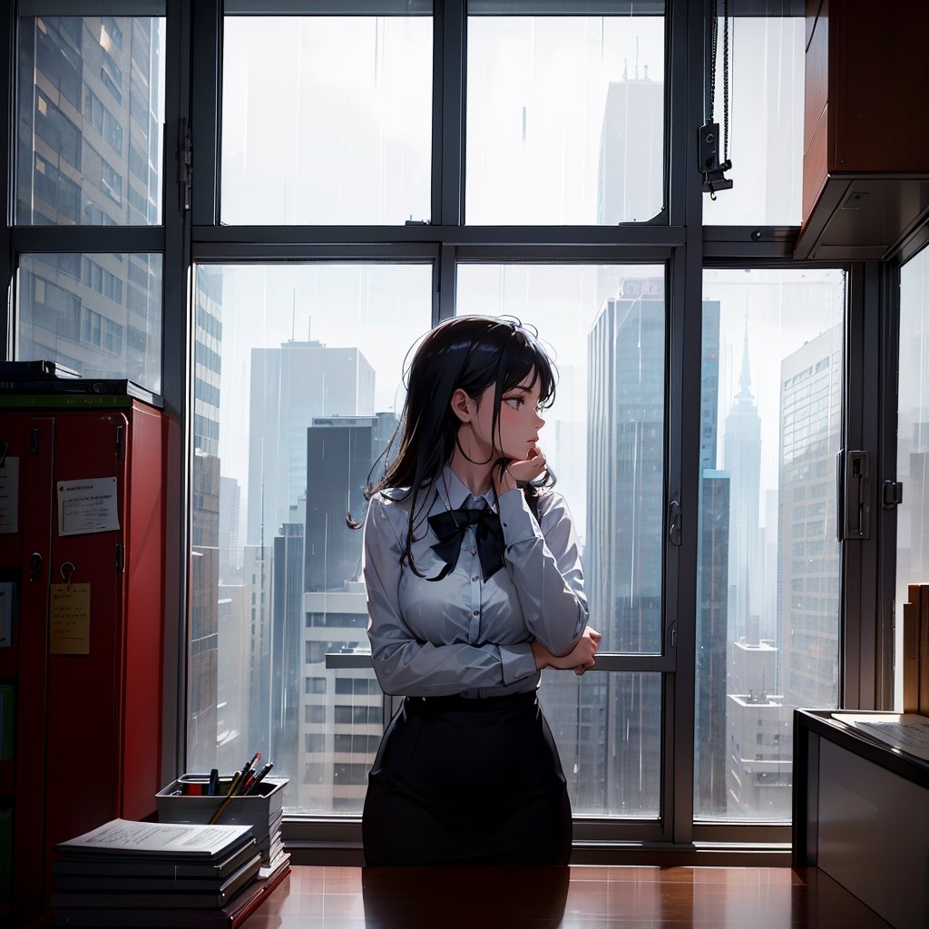 Masterpiece, top quality, high definition, artistic composition, 1 woman, May Day, Labor Day, office, raining outside window, looking away, staring out window, bold composition, tired, dramatic, office worker