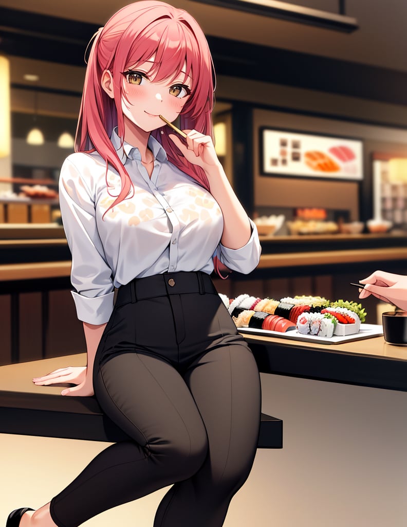 Masterpiece, Top quality, High definition, Artistic composition, One girl, eating sushi, smiling, blushing cheeks, girlish gesture, monotone printed shirt, black pants, sitting, American sushi restaurant, casual