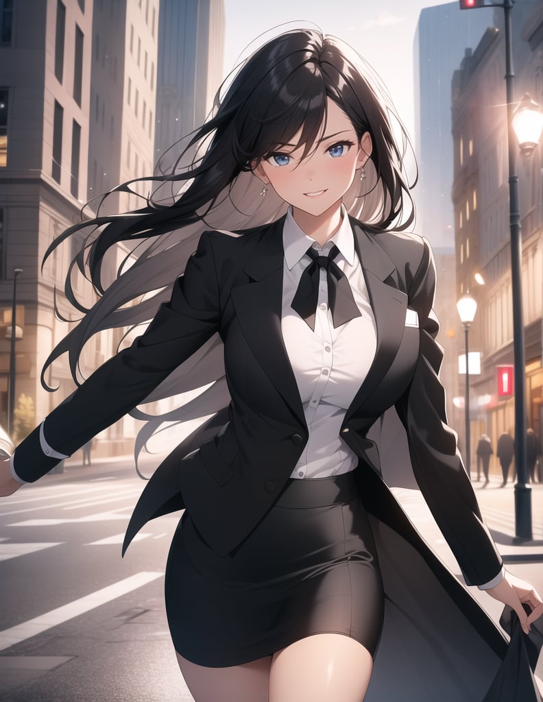 (Masterpiece, Top Quality), High Definition, Artistic Composition, 1 Woman, squinting, smiling, frolicking, feminine action pose, black business suit, tight skirt, white shirt, black tie, wearing hair, looking away, night town, downtown, striking light, dramatic, night Date, Beige coat, Stylish, Wide shot,photograph,girl