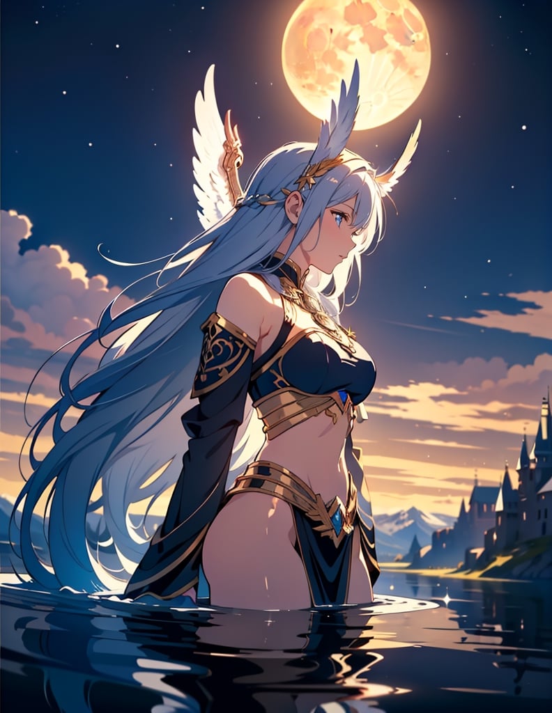 (masterpiece, top quality), high definition, artistic composition, 1 female, divine, large moon, reflection in water, cold, impressive light, fantasy, Norse mythology, descent, Valkyrie

