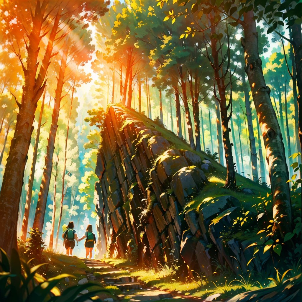 Masterpiece, top quality, high definition, artistic composition, 1 woman, picnic, trekking, backpack on back, mountain climbing style, fresh green, green trees, beautiful sunlight through trees, backlit, from below, smiling, smiling with mouth open, Dutch angle, bold composition, striking light, large stride, looking away, hint of summer, high contrast