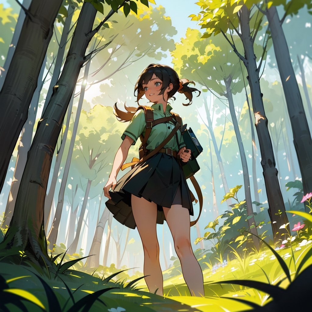 Masterpiece, top quality, high definition, artistic composition, 1 woman, picnic, trekking, backpack on back, mountain climbing style, fresh green, green trees, beautiful sunlight through trees, backlit, from below, smiling, smiling with mouth open, Dutch angle, bold composition, striking light, large stride, looking away, hint of summer