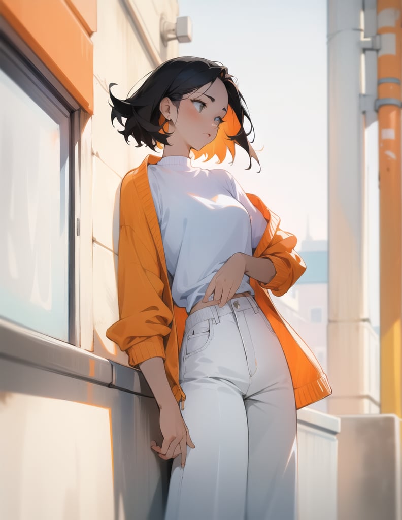 (Masterpiece, Top Quality), High Definition, Artistic Composition, 1 Woman, White Shirt, Blue Wide Pants, Orange Cardigan, Black and White Street Scene, Casual Fashion, Portrait,girl