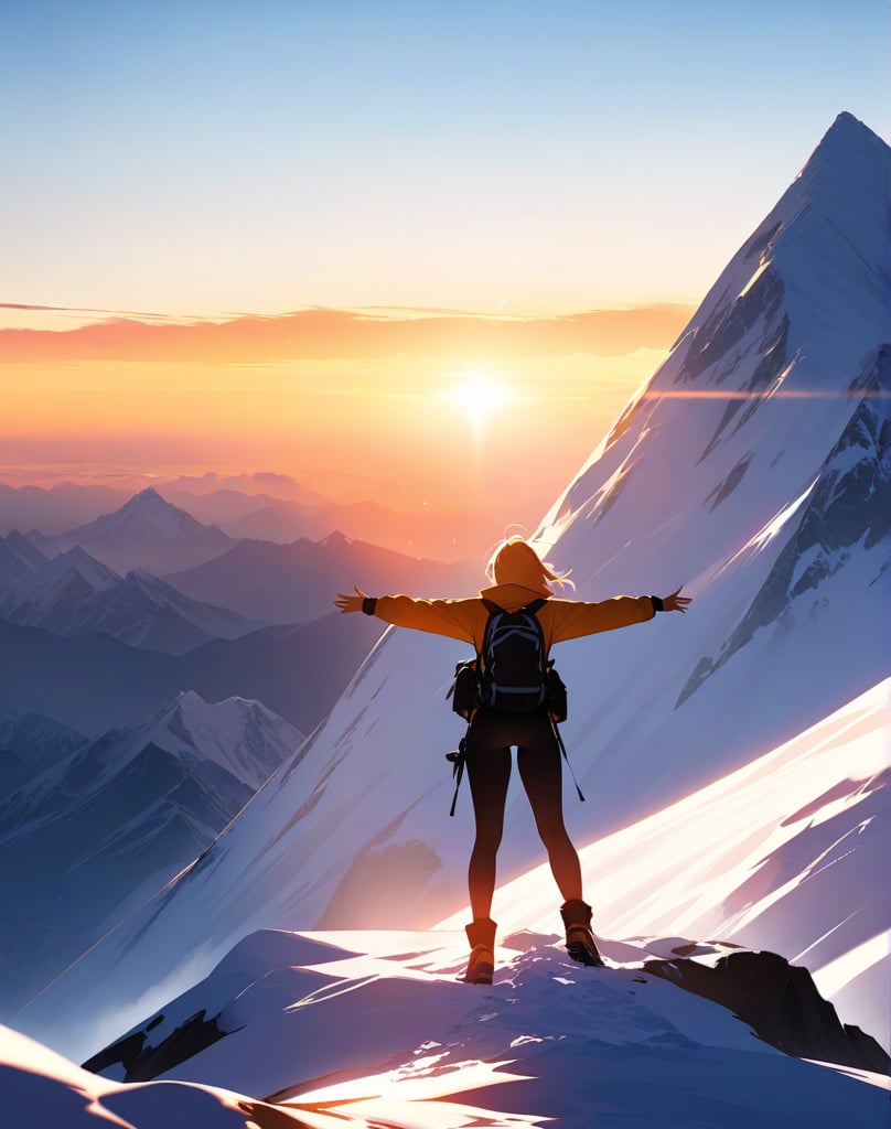 Masterpiece, Top Quality, High Definition, Artistic Composition,1 Woman, mountaineering outfit, summit, standing on top of Mount Everest with arms and legs outstretched, from behind, backlight, golden sunrise light, high contrast, magnificent nature, dramatic