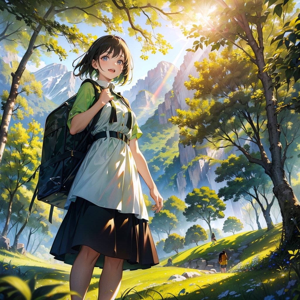 Masterpiece, top quality, high definition, artistic composition, 1 woman, picnic, trekking, backpack on back, mountain climbing style, fresh green, green trees, beautiful sunlight through trees, backlit, from below, smiling, smiling with mouth open, Dutch angle, bold composition, striking light, large stride, looking away, hint of summer