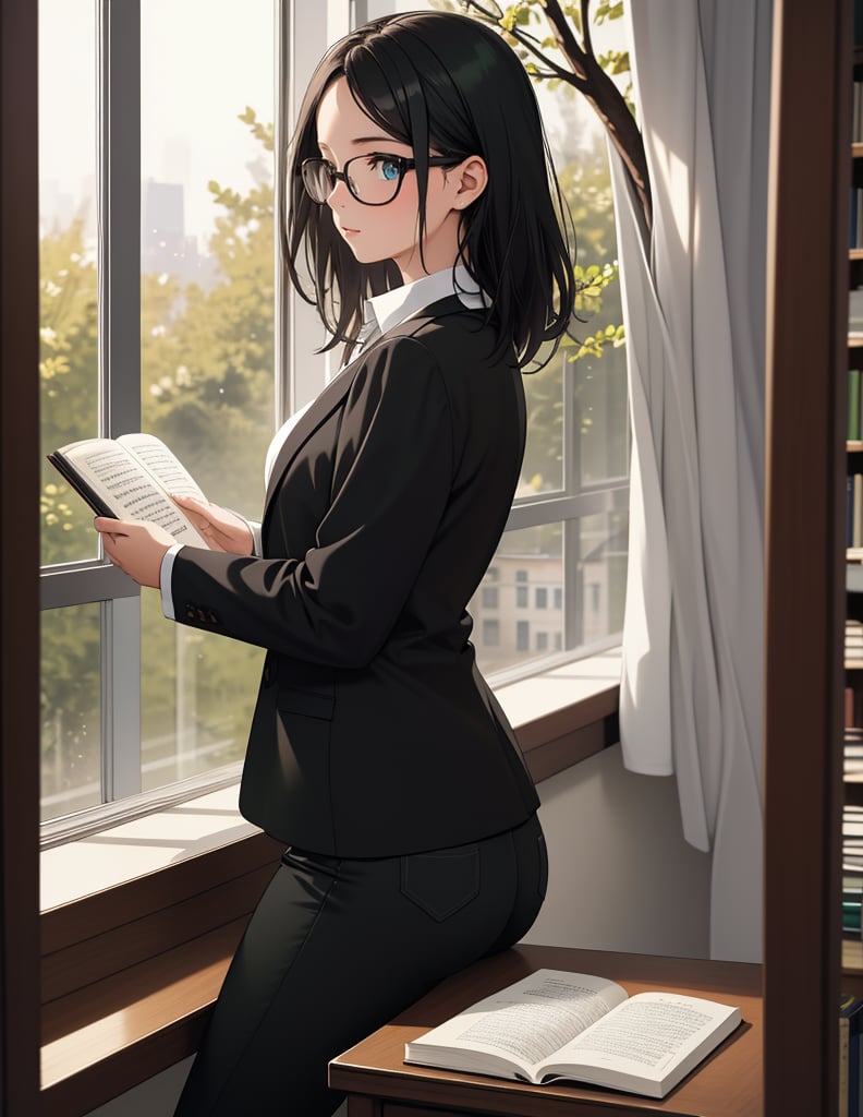Masterpiece, Top Quality, High Definition, Artistic Composition, One Woman, Black Rimmed Glasses, Dark Hair, Ennui, Sitting, Desk, Reading Hardcover Book, Intellectual, Calm, White Shirt, Black Pants, Library, Window Seat, Cold Light, Tree Green, From Side, Morning, Bust Shot,girl
