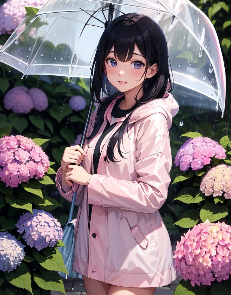 Masterpiece, Top quality, High definition, Artistic composition, One girl, Pale pink raincoat, Bend over, Close-up of face, Blue and pink hydrangea, Smiling, Raining, Light blue umbrella, Dim light, Enjoying, Park, Snail, Below, In front, Black hair, Dark eyes