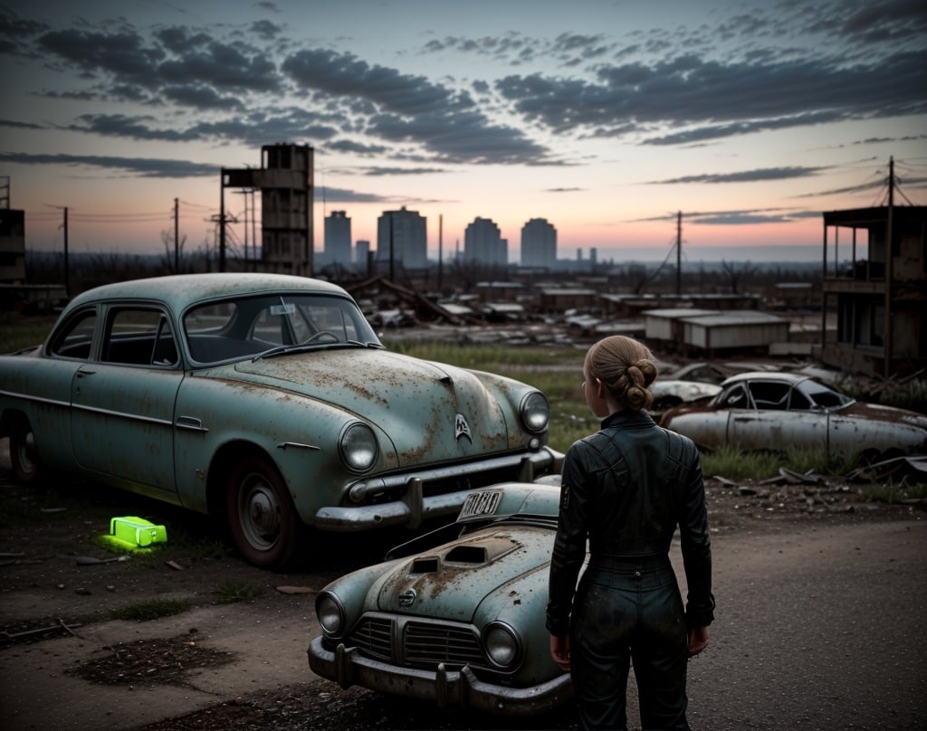 Masterpiece, top quality, artistic composition, realistic, 1 girl, fallout, VOLT suit, 1950s American residential neighborhood, ruins, post-nuclear war world, wide shot, bold composition, apocalypse, 1960s science fiction, dirty, filthy, decaying car, back view, vast ruins, retro feel, with Shepard dog,<lora:659111690174031528:1.0>