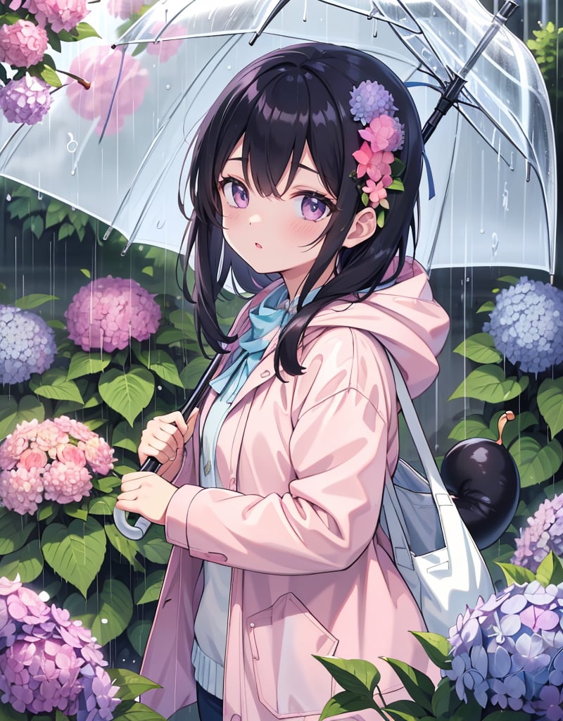 Masterpiece, Top Quality, High Definition, Artistic Composition, One girl, light pink raincoat, bent forward, focus on face, blue and pink hydrangea, smiling, raining, light blue umbrella, dimly lit, enjoying, park, snail, from front, black hair, dark eyes
