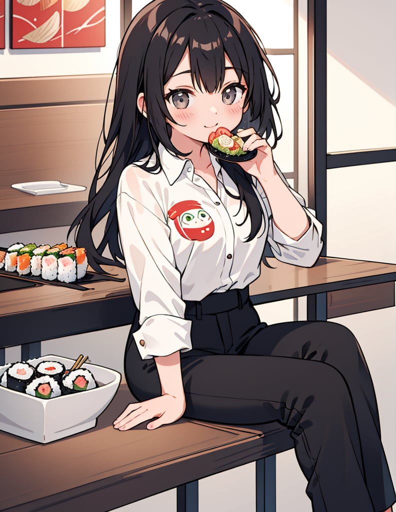 Masterpiece, Top quality, High definition, Artistic composition, One girl, eating sushi, smiling, blushing cheeks, girlish gesture, monotone printed shirt, black pants, sitting, Brazilian sushi restaurant, casual
