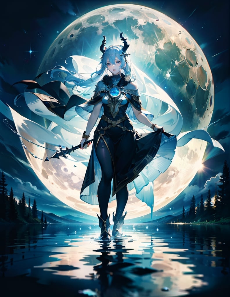 (masterpiece, top quality), high definition, artistic composition, 1 woman, goddess, divine, big moon, reflection on water, cold, impressive light, fantasy, Norse mythology