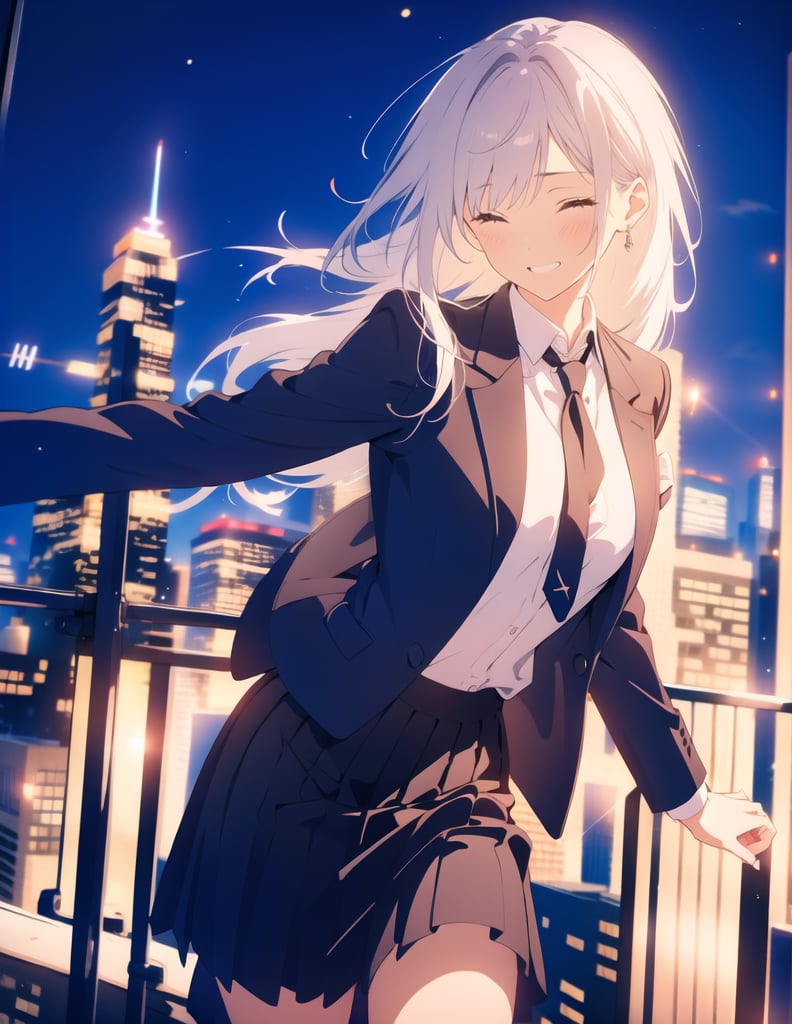 (masterpiece, top quality), high definition, artistic composition, 1 woman, smiling, squinting, frolicking, feminine action pose, black business suit, tight skirt, white shirt, black tie, wearing hair up, looking away, city at night, striking light, dramatic