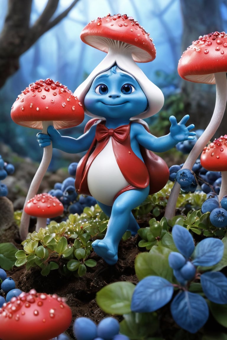  A whimsical scene unfolds in the heart of Smurf Village, where Little Keqing, dressed as Grouchy Smurf, stands amidst a sea of blueberry bushes. Brainy Smurf peers out from behind a mushroom, while Sassette and Papa Smurf sit on nearby toadstools, their hands clasped together. Clumsy Smurf's scattered belongings lie about, as Hefty Smurf flexes in the background, his powerful physique contrasted against the soft, ethereal light of dawn. In the foreground, a miniature Smurfberry tree blooms with vibrant red fruit, surrounded by delicate, twinkling fairy lights.