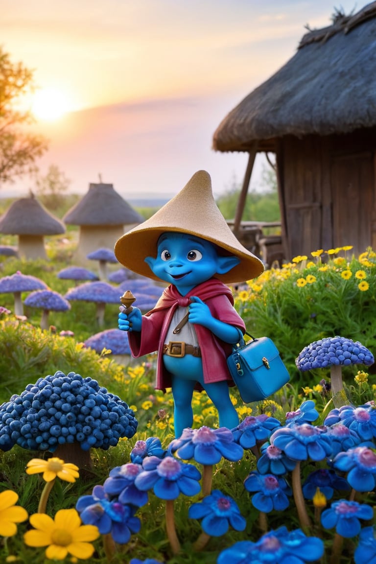 In the heart of Smurf Village, amidst a sea of vibrant blueberries and towering toadstools, Little Keqingdef as the Smurfs proudly displays its tiny, mischievous self. Dressed in a miniature version of Papa Smurf's iconic hat and cloak, with a satchel full of curious gadgets slung over its shoulder, Little Keqingdef strikes a pose amidst the whimsical atmosphere of the village. The warm glow of sunset casts long shadows across the thatched roofs, while the air is filled with the sweet scent of blooming wildflowers.