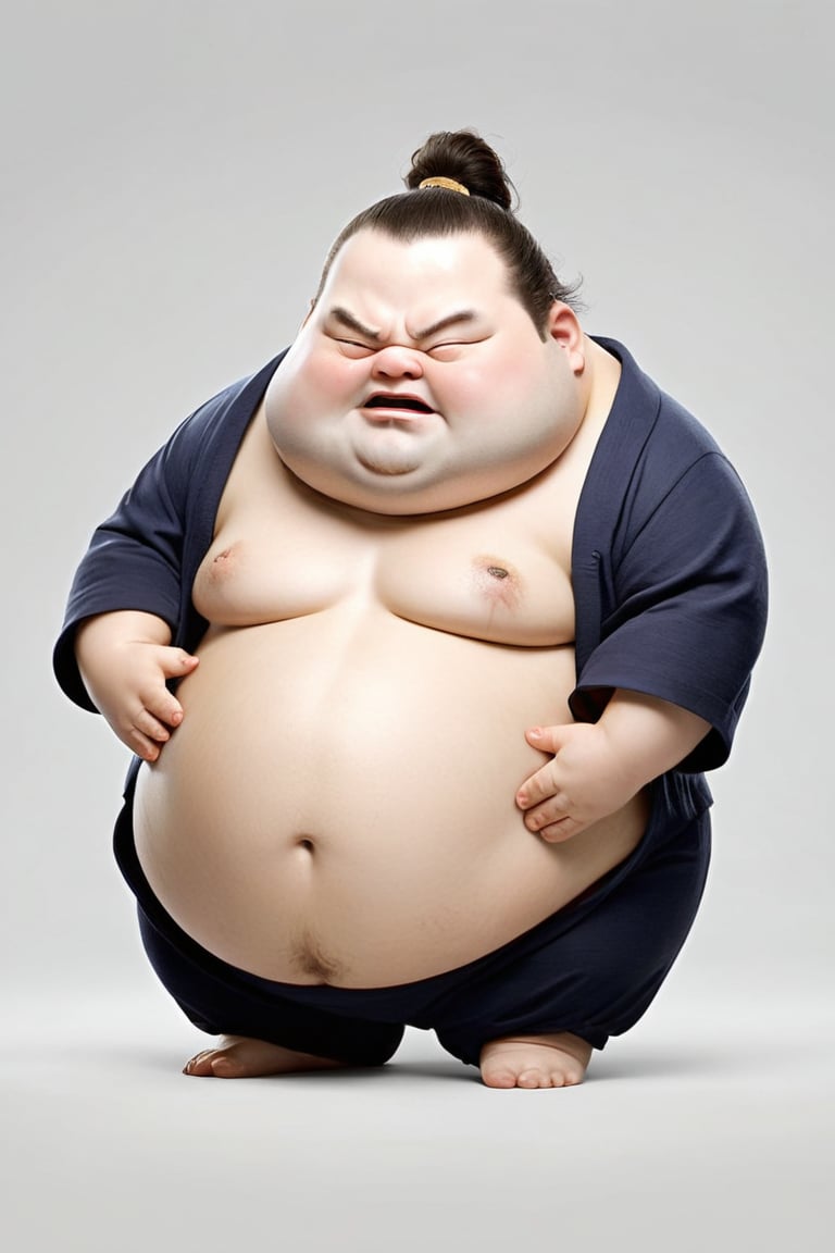 fat cute Samurai with a belly, funny facial expressions, Exaggerated action,praying, 3D character, a little hairy, elongated shape, cartoon style, minimalism,