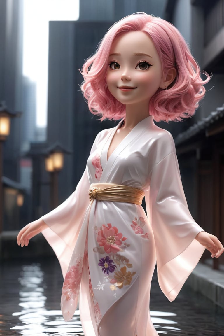 A masterpiece of a chibi girl, Anya Forger, rendered in high resolution PVC quality. In the Tokyo landscape, she stands confidently in front view, bathed in natural light. Her pink hair flows down her back, framing her long bob hairstyle. She wears a kimono outfit with grey eyes shining brightly as she smiles mischievously. Her pose is dynamic, showcasing medium movement and self-righteous confidence. In the background, a cityscape stretches out, reflecting off the perfect movie-like lighting. Anya's full-body pose showcases her 3D character print, toy-like appearance, and doll-like charm.