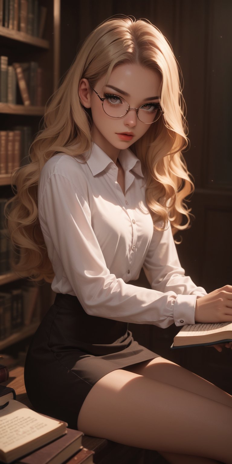 (score_9, score_8_up), score_7_up, left side view, tiny, slender, beautiful librarian, sitting, posing, reading a book in the dark corner of the library, eye_glasses, extra long blonde wavy hair, (dark micro skirt:1.1), (long sleeves collared shirt, white), pov,