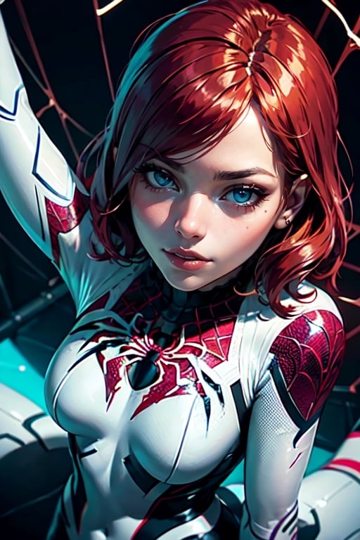 Masterpiece, Best Quality, 1girl, Emma Stone, red hair, Spider-Gwen, white latex costume, spiderman logo, neon web background, futuristic, extremely detailed, from above, beautiful eyes
