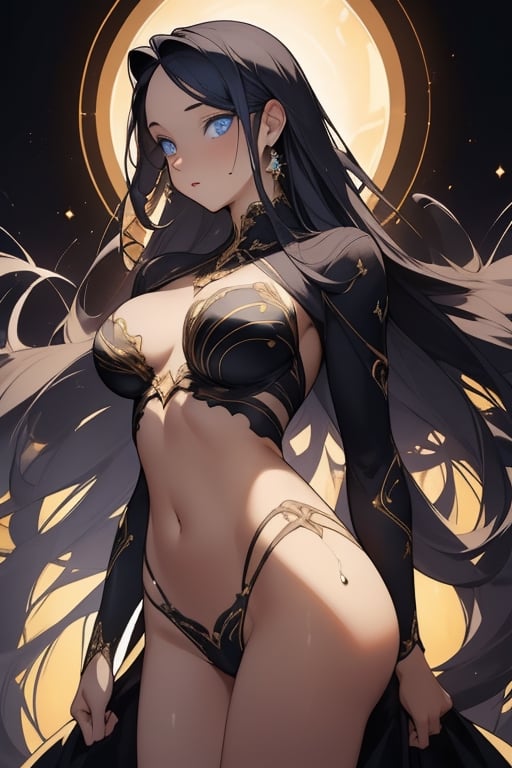 (masterpiece:1.2, top quality, best quality, official art, beautiful and aesthetic:1.3), extreme detail, a very beautiful woman in front of a glow in the dark circle, 1girl, solo, navel, mole, looking at viewer, realistic, (extra long hair, flowing), (blue eyes), highest detailed, detailed_eyes, extremely beautiful, full front view, liquid gold, SILHOUETTE, LIGHT PARTICLES,	 SILHOUETTE LIGHT PARTICLES