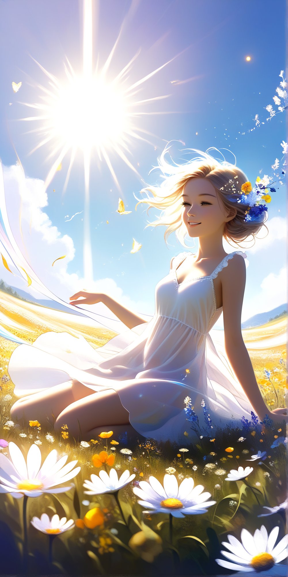 A vibrant, dreamlike scene: A young woman's radiant smile illuminates her entire face as she twirls barefoot in a lush, sun-kissed flower meadow. Her short white mini dress flutters around her knees, while a sea of colorful blooms sways gently in the warm summer breeze. The bright sunlight casts a warm glow on her skin, as if infused with the magic of the surrounding wildflowers.